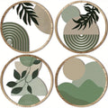 Four round wooden wall art pieces in a bohemian style, featuring sage green, beige, and leaf-inspired geometric designs.