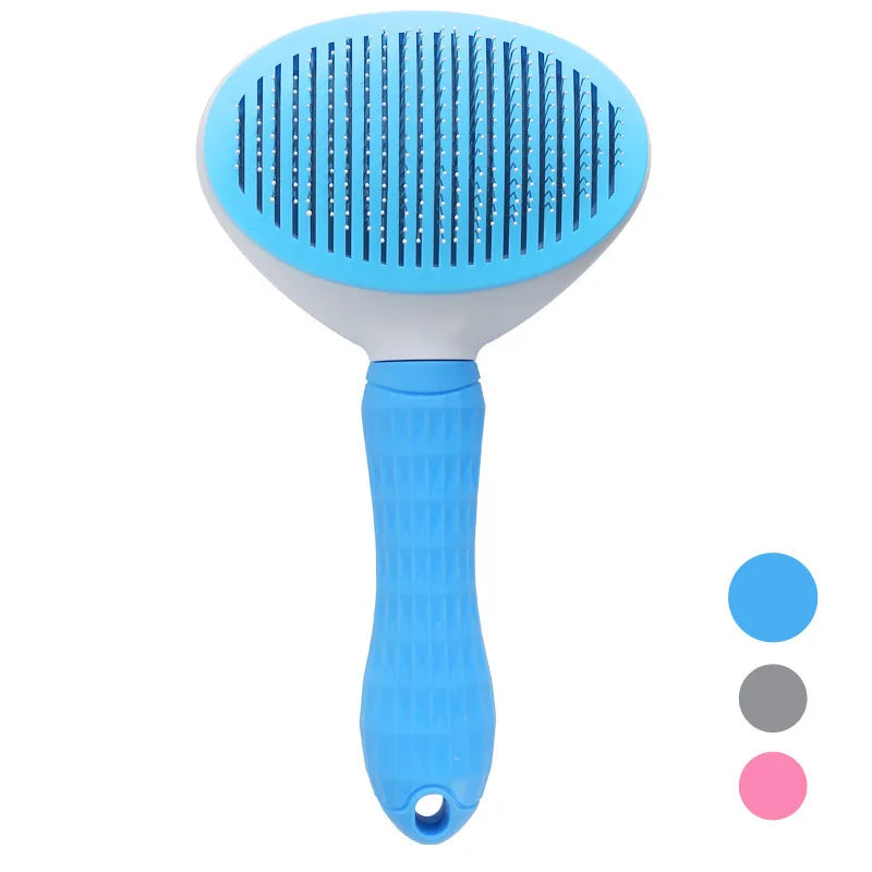 Blue self-cleaning pet slicker brush with textured handle and wire bristles, shown with three colour options.