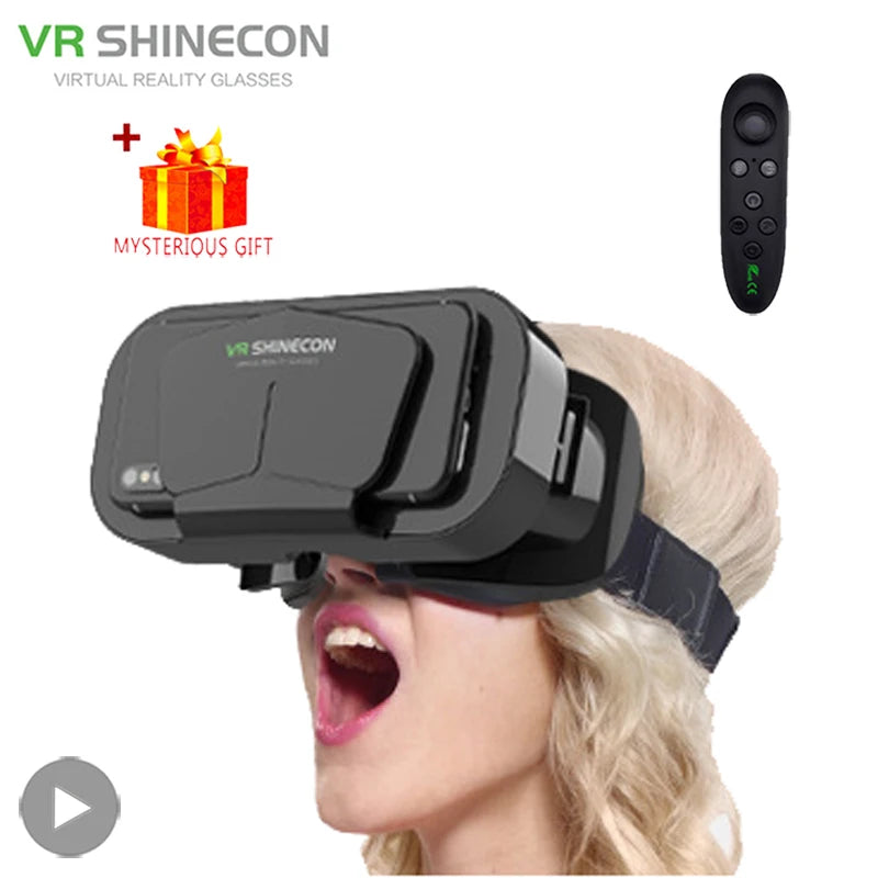 Black Shinecon VR headset worn by a person, with a smartphone inserted in the front and a remote control.