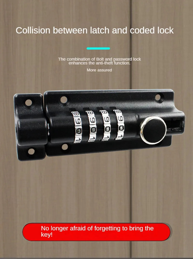 Black metal sliding door bolt lock with a four-digit combination dial mechanism.