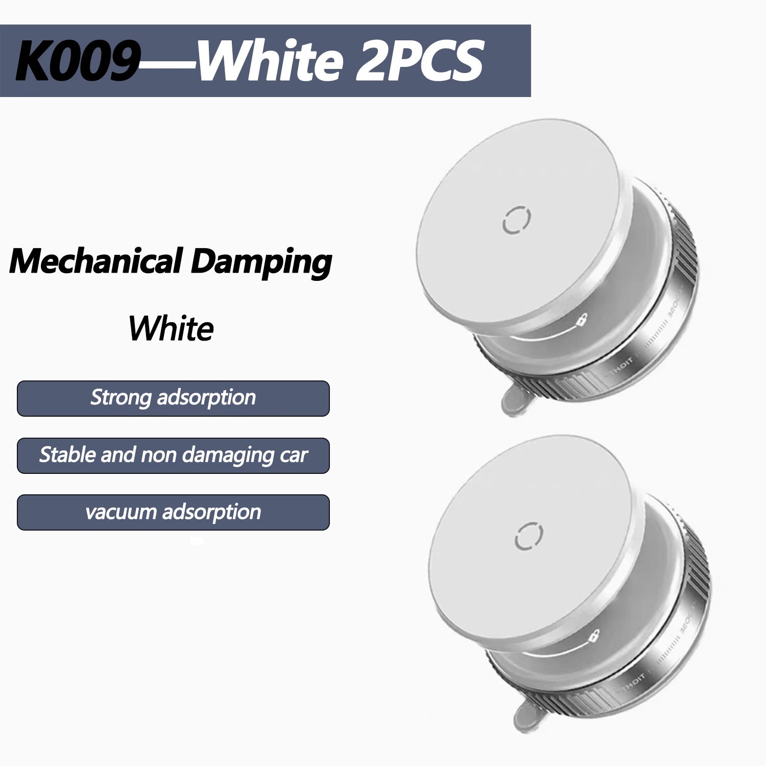 Two white, circular mechanical damping vacuum suction mounts with a textured metallic rim for car use.