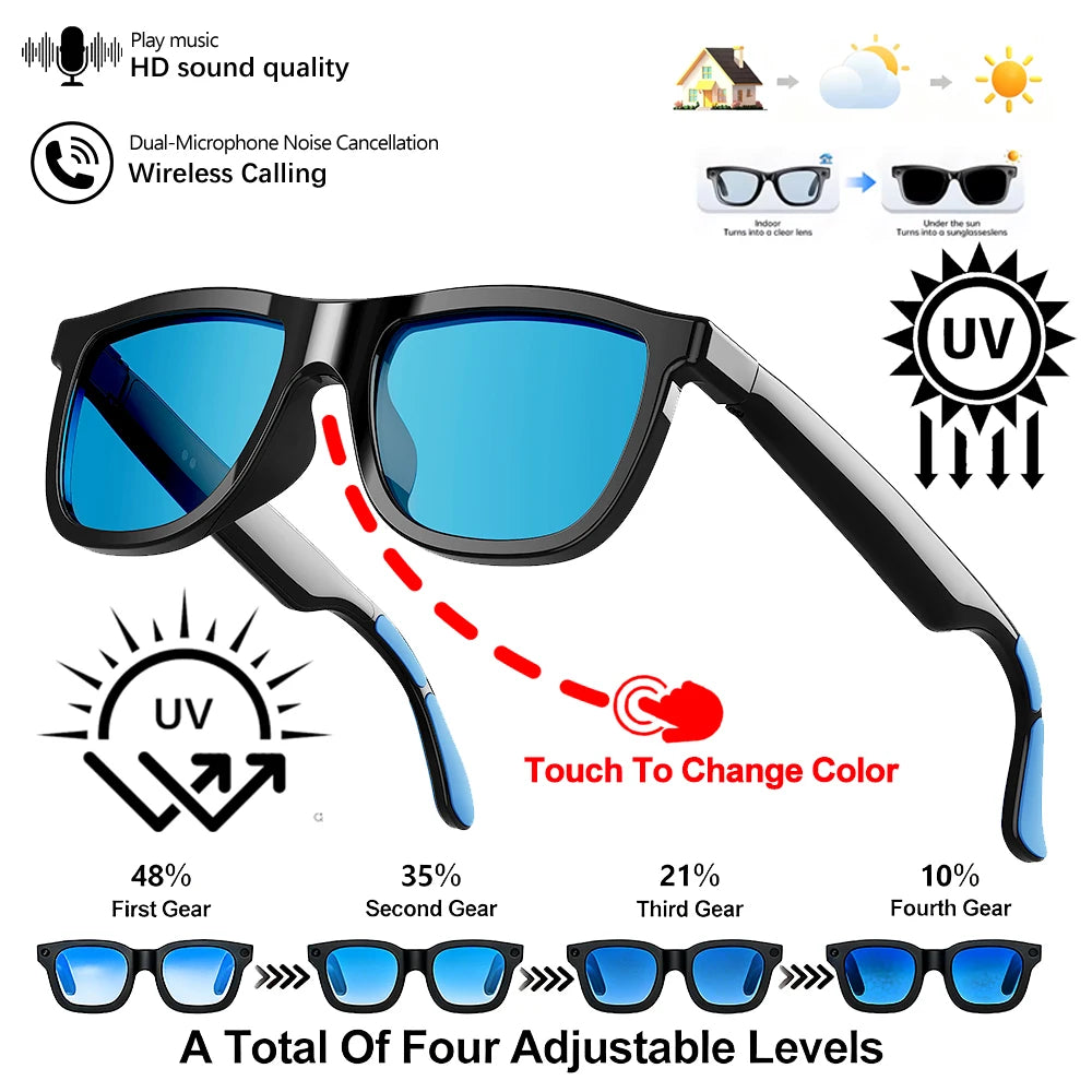 Black smart Bluetooth audio glasses with blue-tinted lenses, featuring adjustable UV tint levels and hands-free calling.