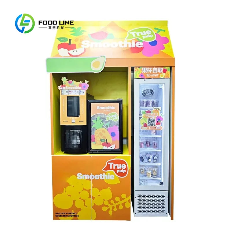Yellow commercial smoothie vending machine with touchscreen, graphics, and a built-in cup display fridge.