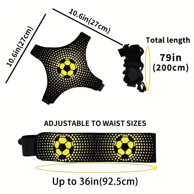 Black and yellow football-themed soccer trainer belt with adjustable waist strap and ball holder. 200cm total length.