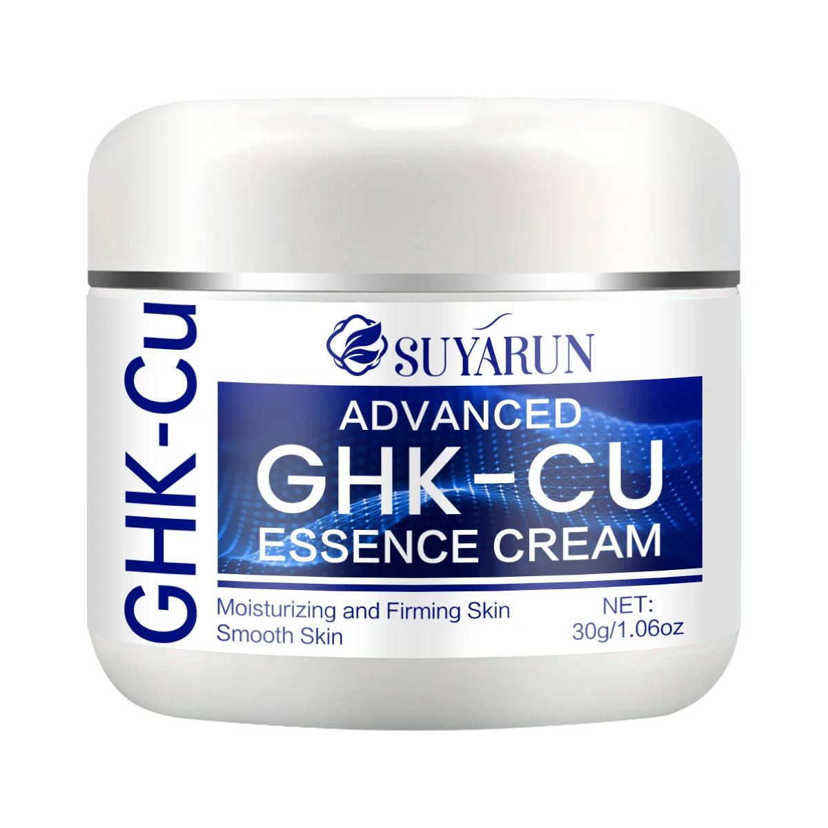White jar of GHK-Cu advanced essence cream for moisturizing and firming skin, 30g.