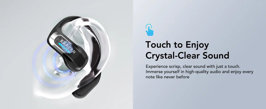 Black wireless ear cuff with touch control feature, shown on a transparent abstract ear shape.