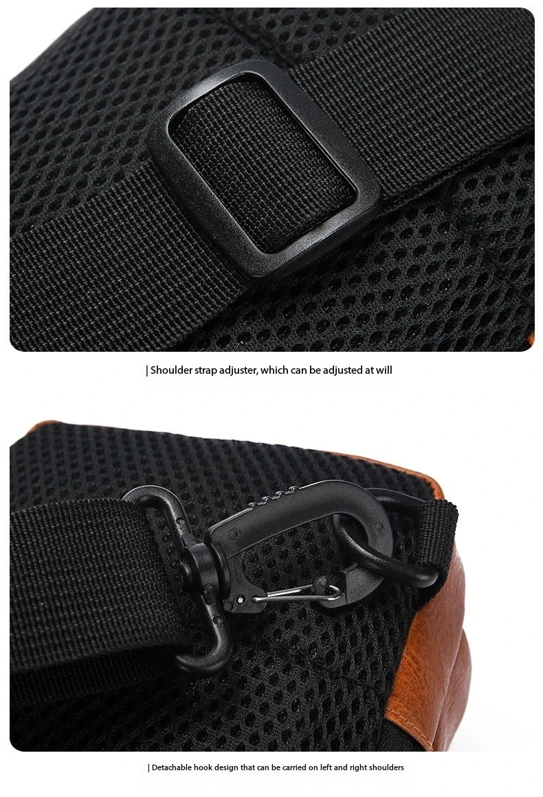 Close-up of a black mesh sling bag strap with an adjustable buckle and a detachable, versatile shoulder hook.