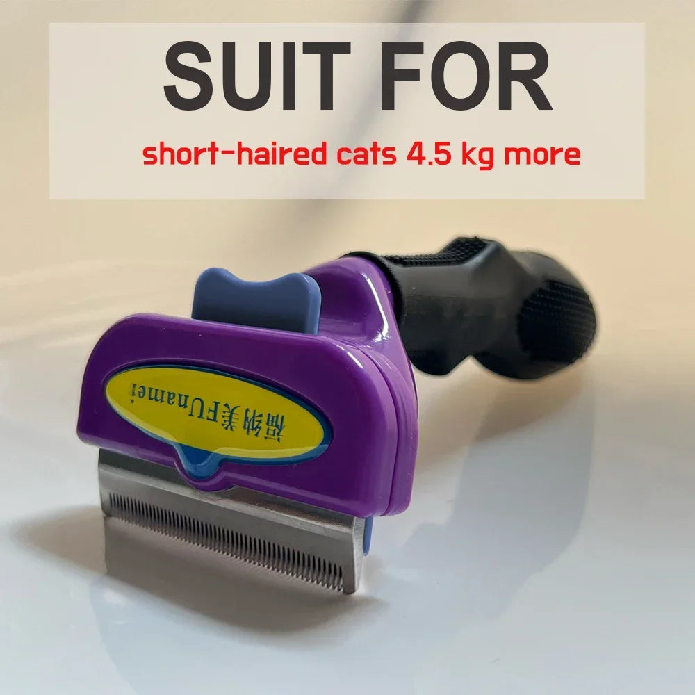 Purple cat deshedding tool with a stainless steel blade, black grip, and blue release button.