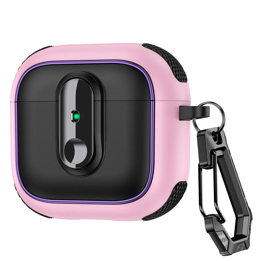 Rugged pink and black protective case for AirPods 3 with integrated black carabiner clip.