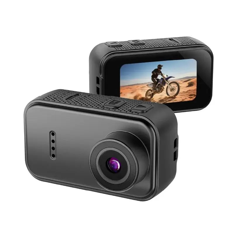 Black plastic action camera with a front lens and a rear display screen showing a motorcycle rider.