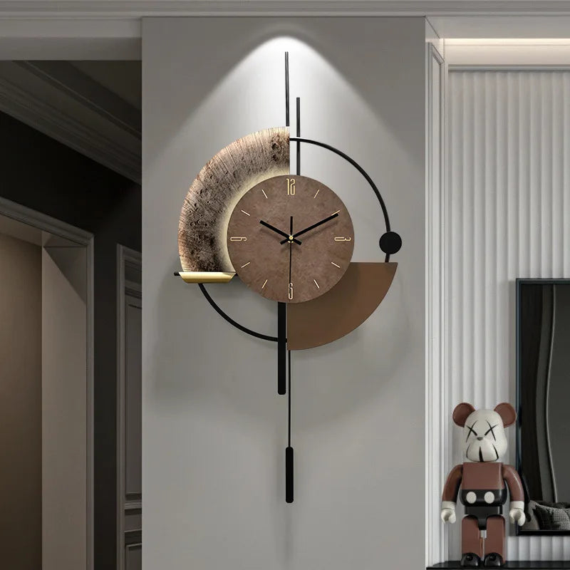 Modern, minimalist wall clock featuring geometric shapes, brown textured accents, black metal lines, and gold markers.