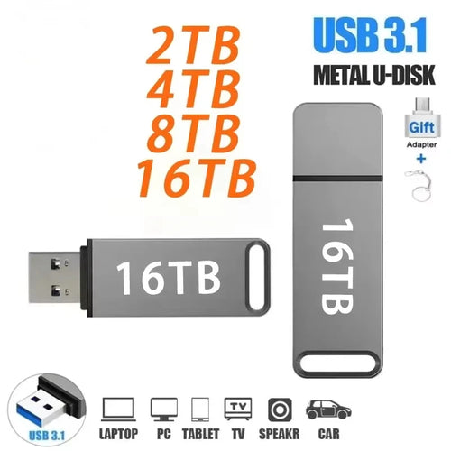 Sleek, grey metal 16TB USB 3.1 flash drive with a free adapter and keyring, compatible with PCs, laptops, and cars.