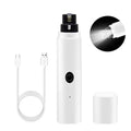 White electric pet nail grinder with a USB charging cable, protective cap, and an integrated LED light for visibility.