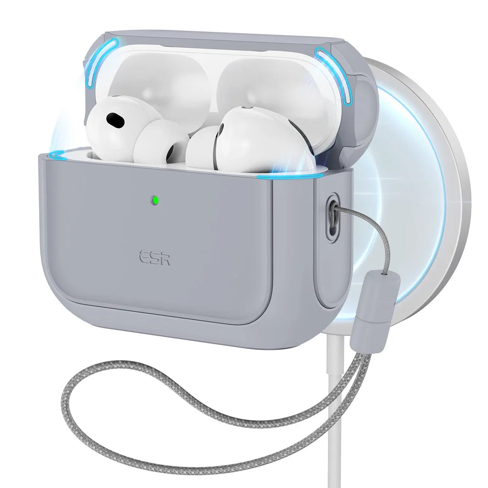 Grey protective silicone case for AirPods Pro, with lanyard, showing magnetic wireless charging.