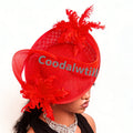 Elegant red fascinator hat with a structured mesh base and decorative feather accents, worn on a mannequin.