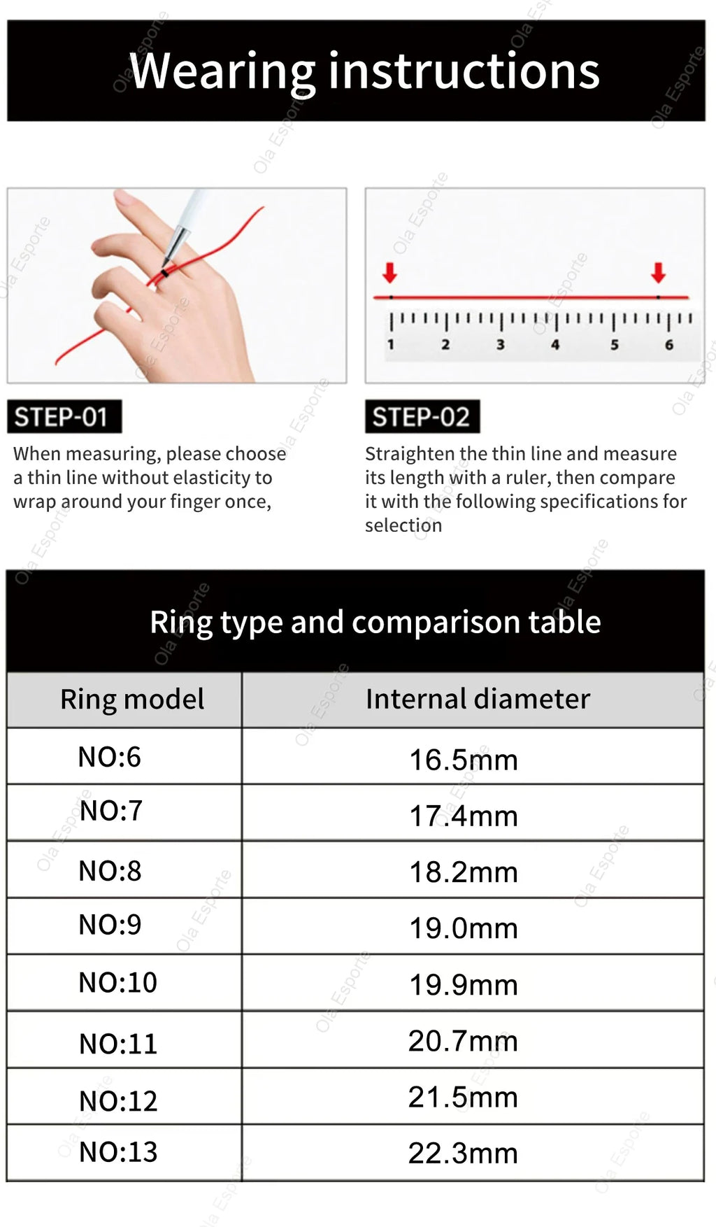 Infographic showing how to measure your finger with string and a ruler, plus a ring size conversion table.