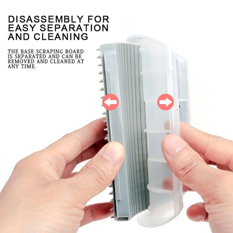 Hands holding a grey plastic scraping board that separates from a translucent white cover for easy cleaning.