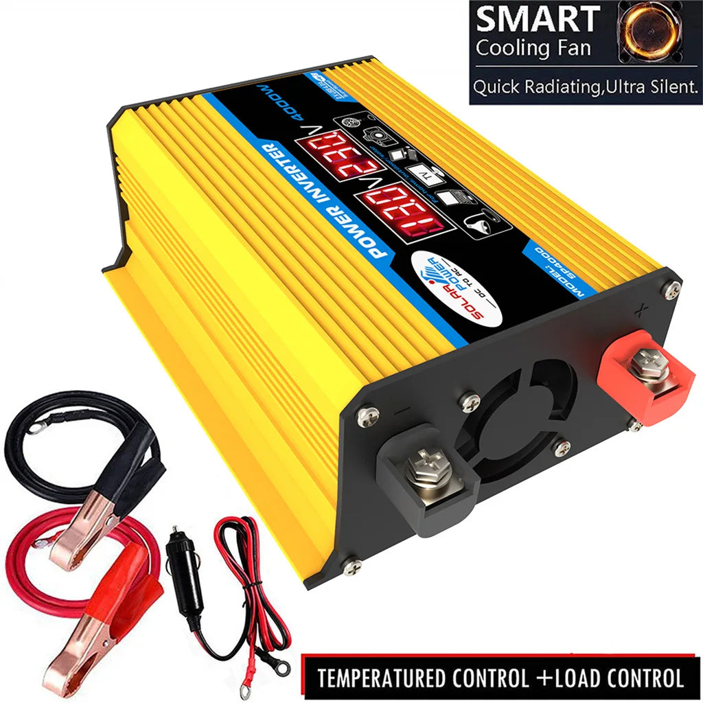 Yellow 4000W DC to AC power inverter with digital display, cooling fan, and included battery clips and car charger cable.