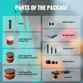AUTIWOZ mini car polisher kit showing parts: 1-3" sponge pads, backing plates, extension rods, handle, and carbon brushes.