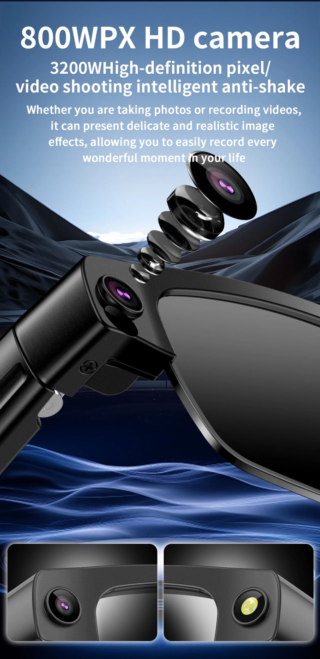 Sleek black smart glasses featuring an integrated HD camera lens, shown with exploded view and close-up detail shots.