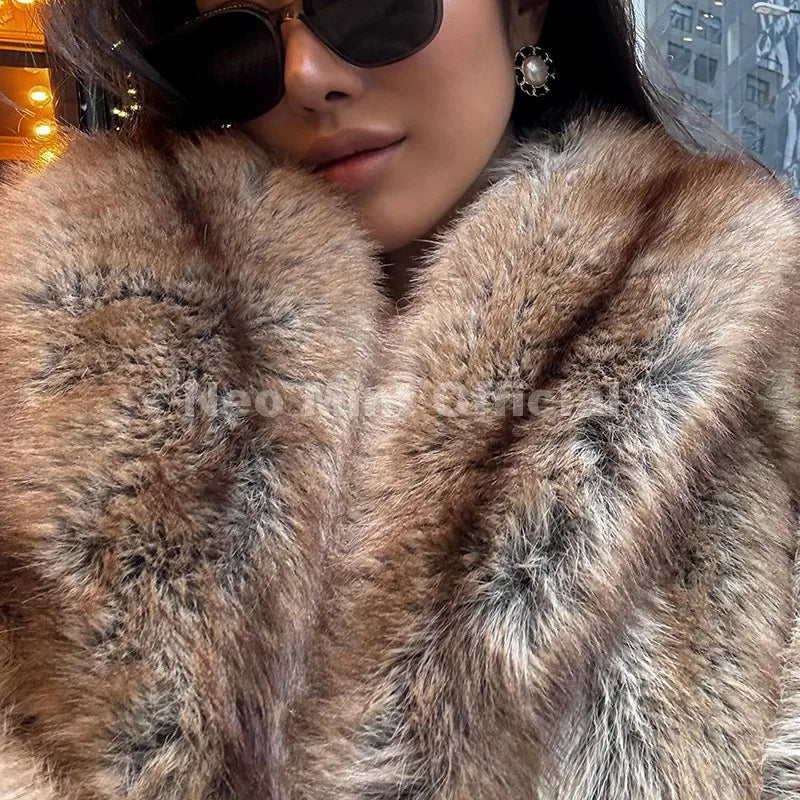 Brown striped faux fur coat with a large fluffy collar worn by a woman.