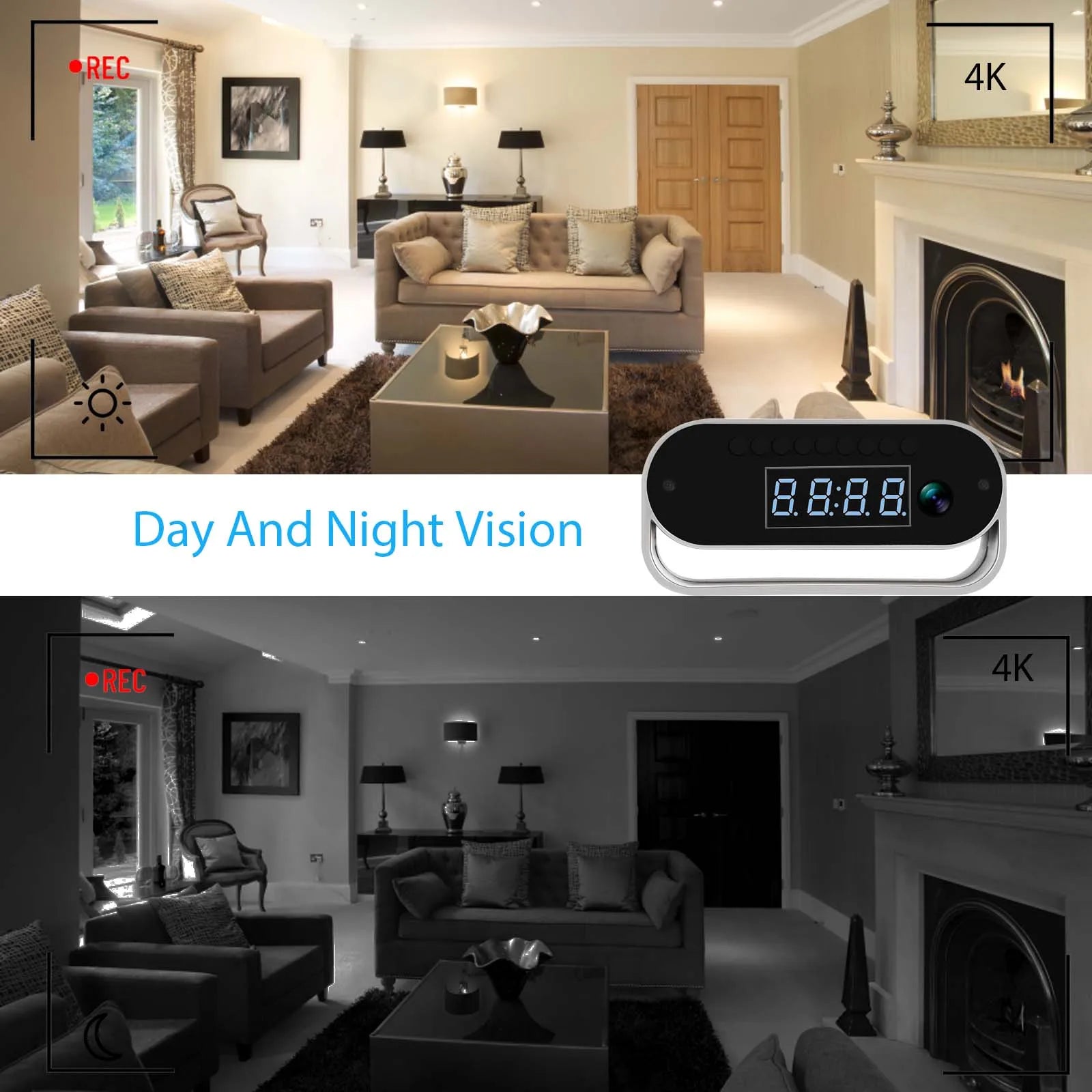 Black digital clock with built-in 4K security camera featuring day and night vision modes.