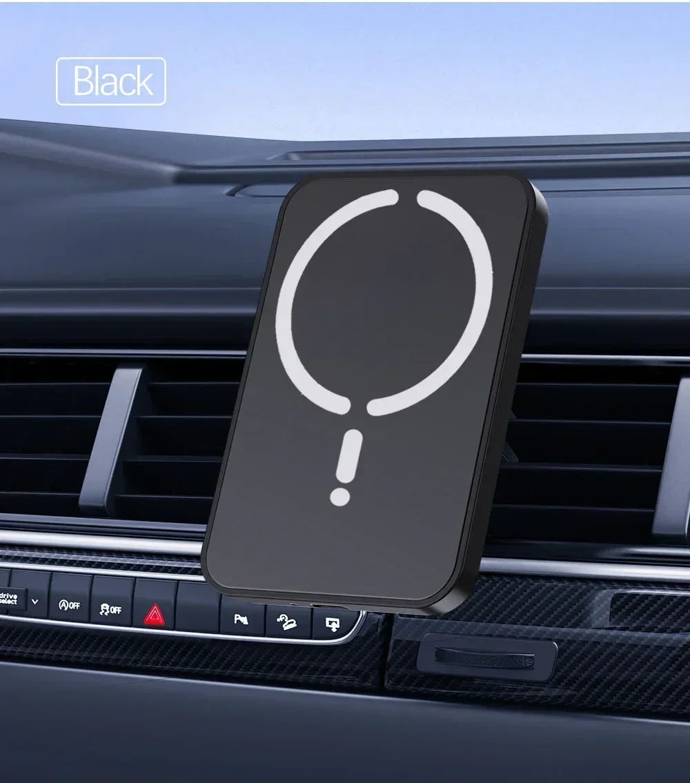 Black rectangular car phone mount with a white magnetic charging ring design, attached to a vehicle air vent.