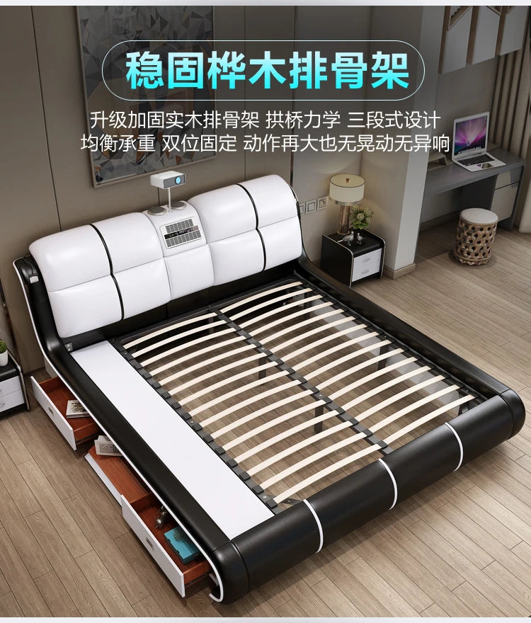 Modern cream and black leather bed frame with a curved headboard, integrated storage drawers and wooden slatted base.