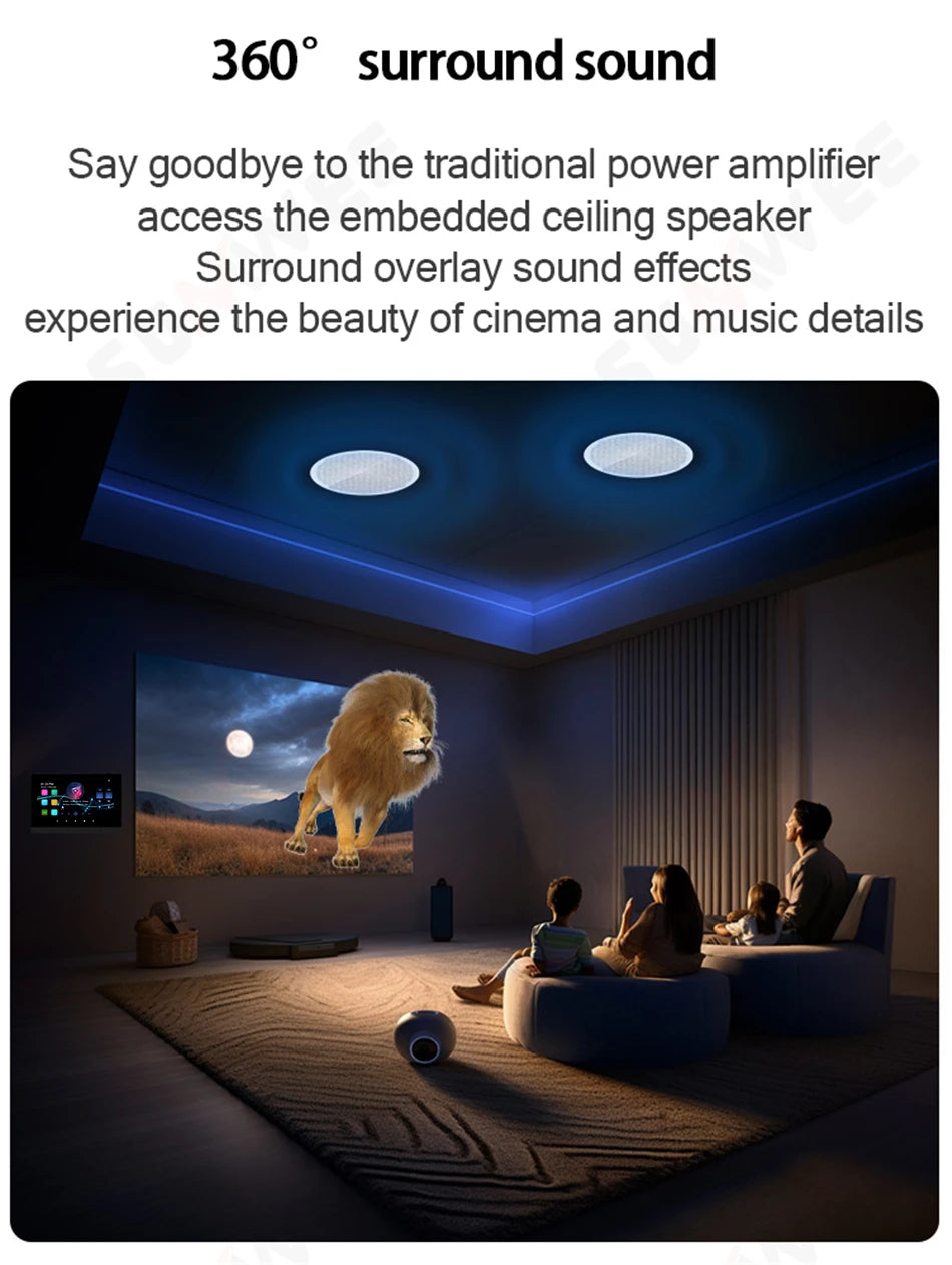 7-inch in-wall Android touch panel mounted in a modern living room, showing smart audio control for ceiling speakers.