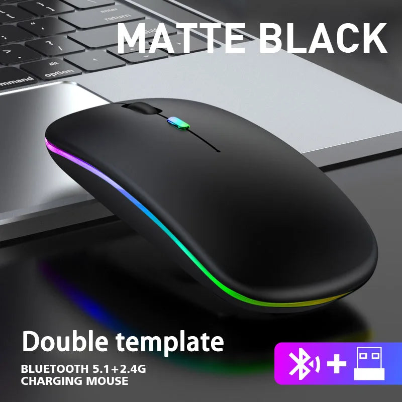 Matte black wireless rechargeable mouse with ergonomic design, silent buttons, and vibrant multicoloured LED light rim.
