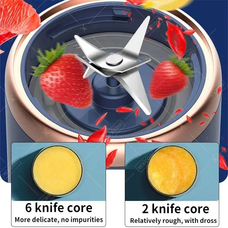 Blender with a sharp six-blade metal attachment, rose gold rim, and blue interior, showing fruit blending results.