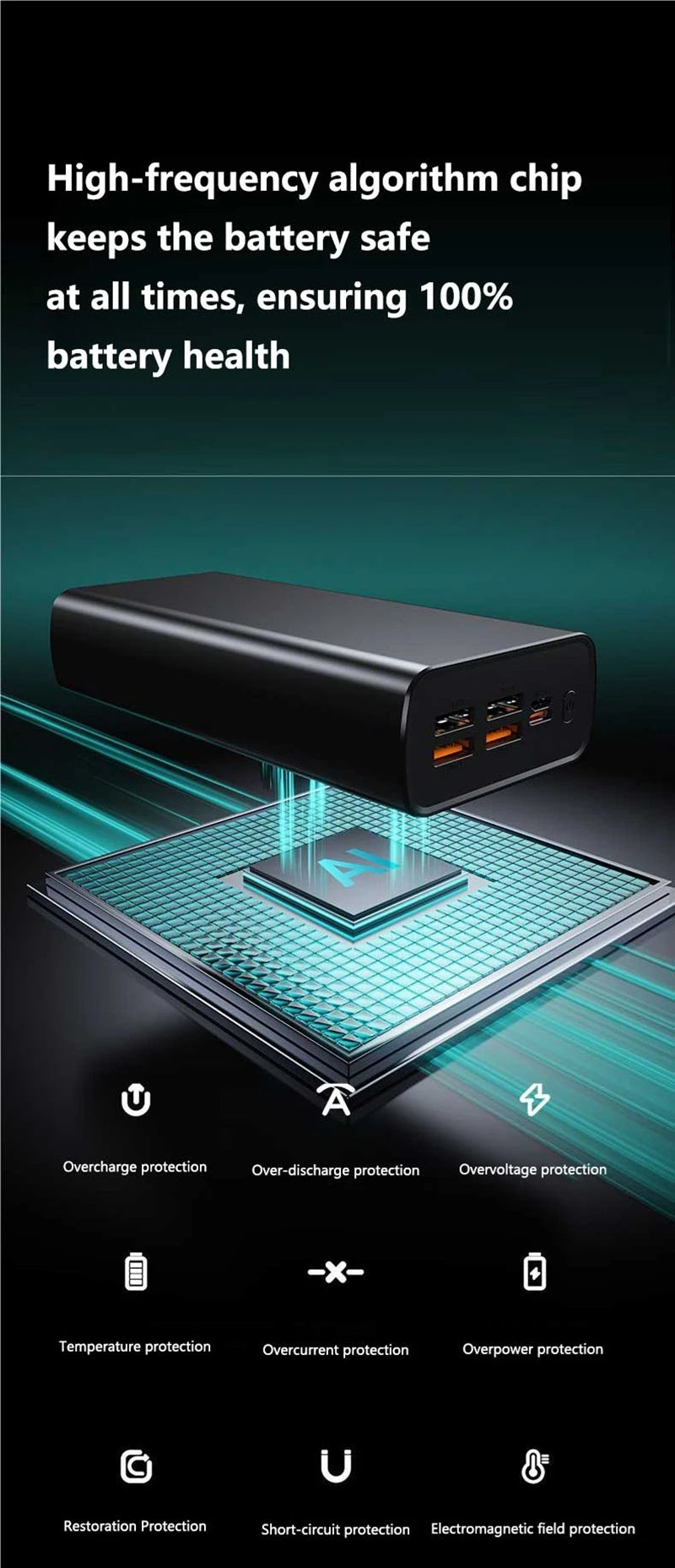 Black 100,000mAh power bank with four USB ports, featuring an AI chip for safe, intelligent battery protection.