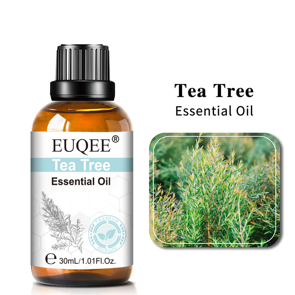 30ml amber glass bottle of Tea Tree essential oil with a black dropper cap and a label featuring a green plant image.
