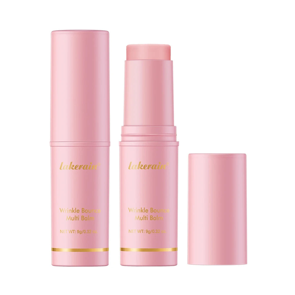 Pink wrinkle bounce multi-balm sticks in a portable twist-up tube design.