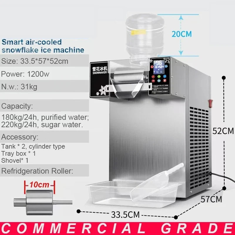 Stainless steel commercial snowflake ice and Bingsu machine with digital display, top water bottle and ice tray.