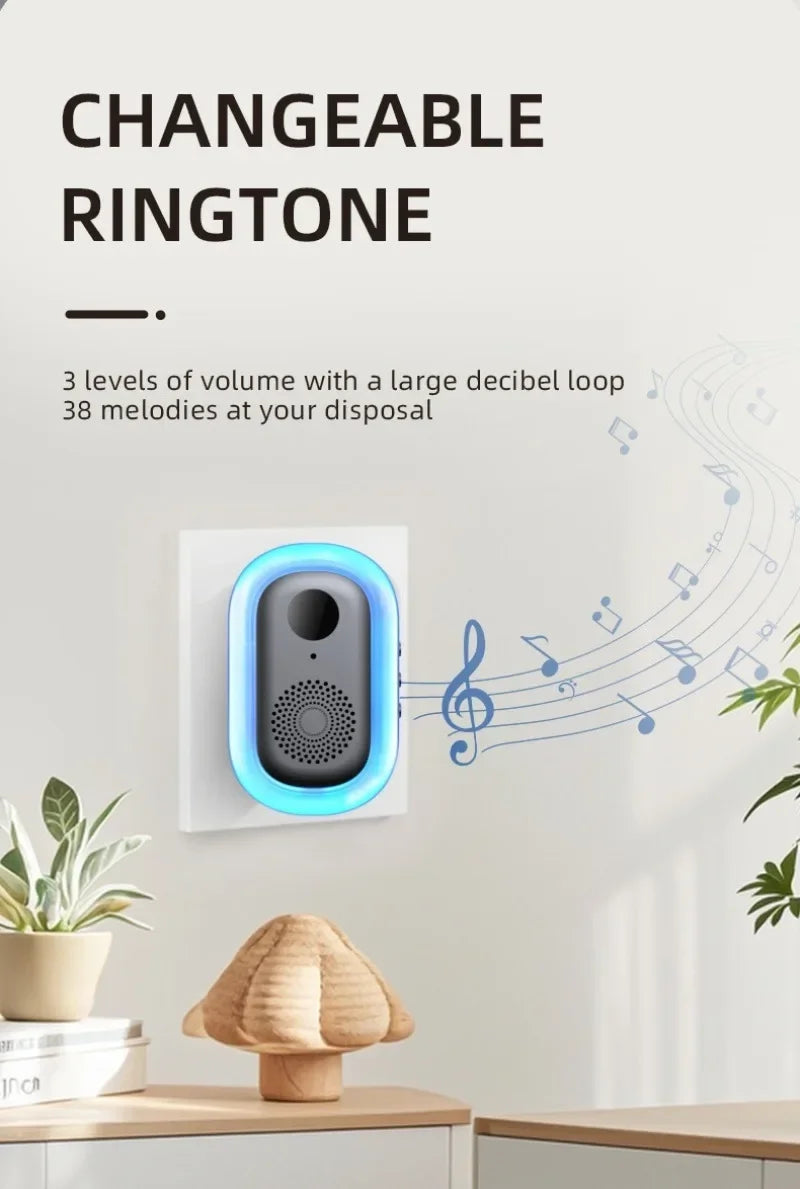 A white, oval indoor wireless doorbell chime plugged into a wall, featuring a glowing blue ring and 38 melody options.