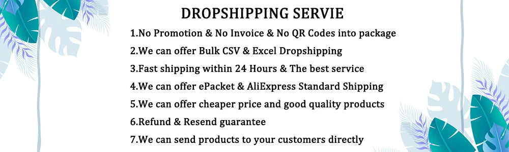 White informational graphic with teal leaf border outlining dropshipping services including bulk shipping and guarantees.
