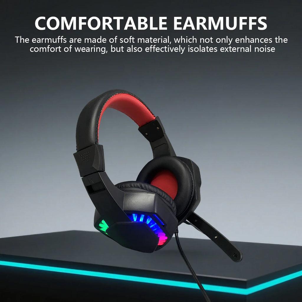 Black and red wired over-ear gaming headset featuring soft ear cushions, a microphone, and colourful RGB lighting.
