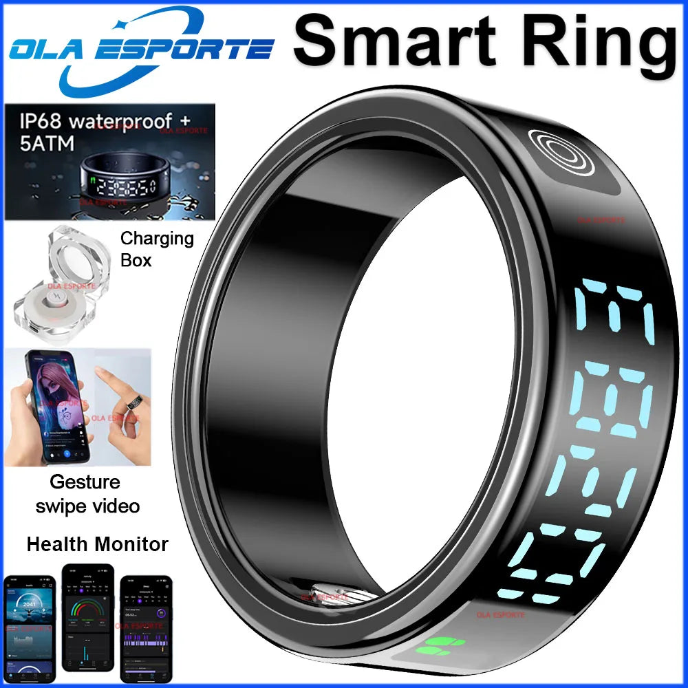 Black smart ring with a digital touch display, health tracking features, and a charging case.