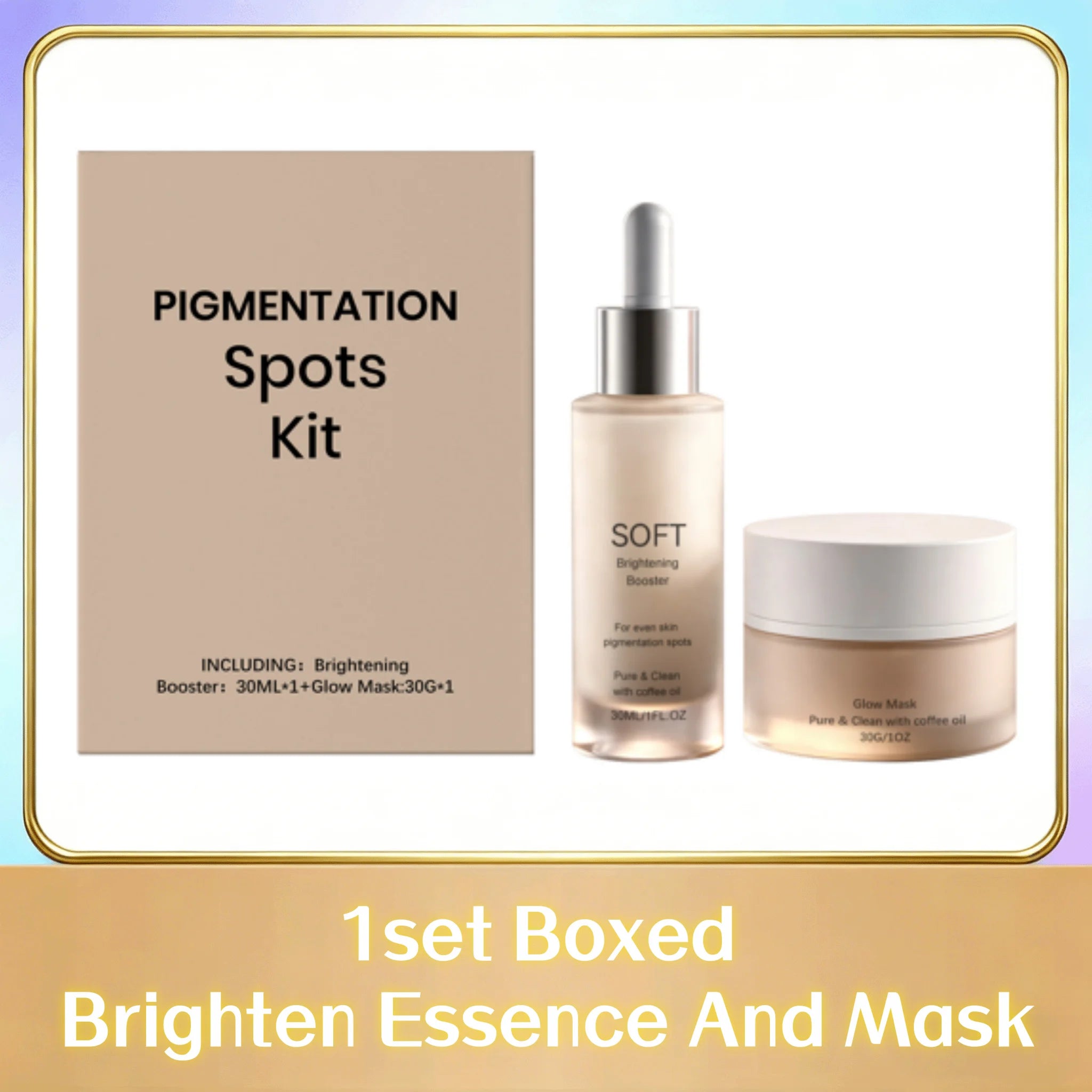 Pigmentation spots skincare kit featuring a 30ml brightening booster serum and a 30g glow face mask in beige packaging.