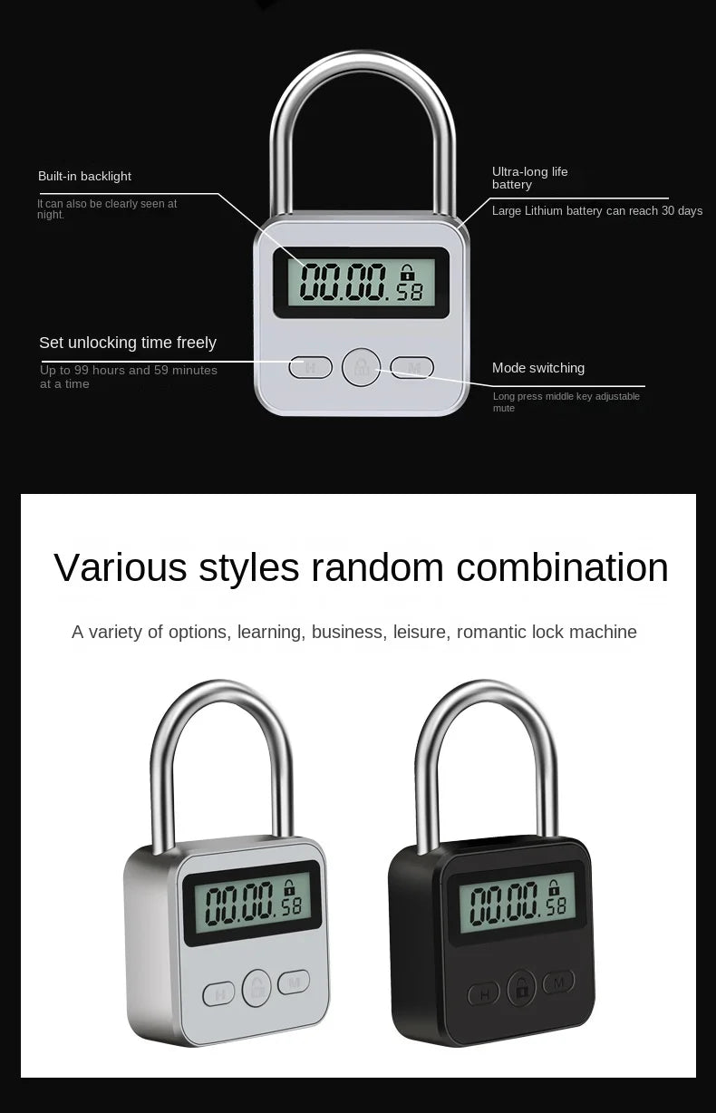 Silver and black digital time-locking padlocks with metal shackles and LCD timers for setting unlock times.