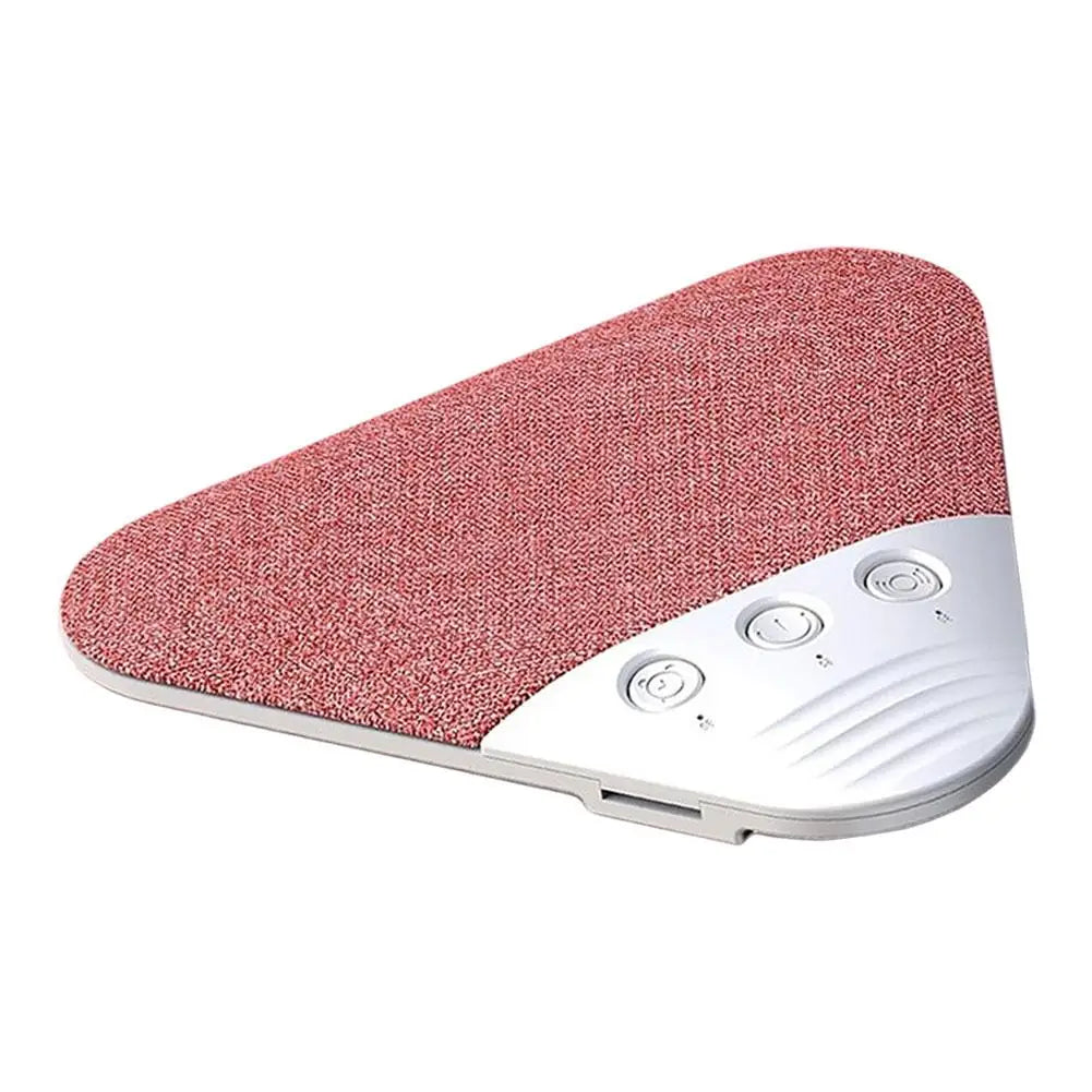 A triangular, fabric-covered pink sleep speaker with a white control panel and three buttons, set on a white background.