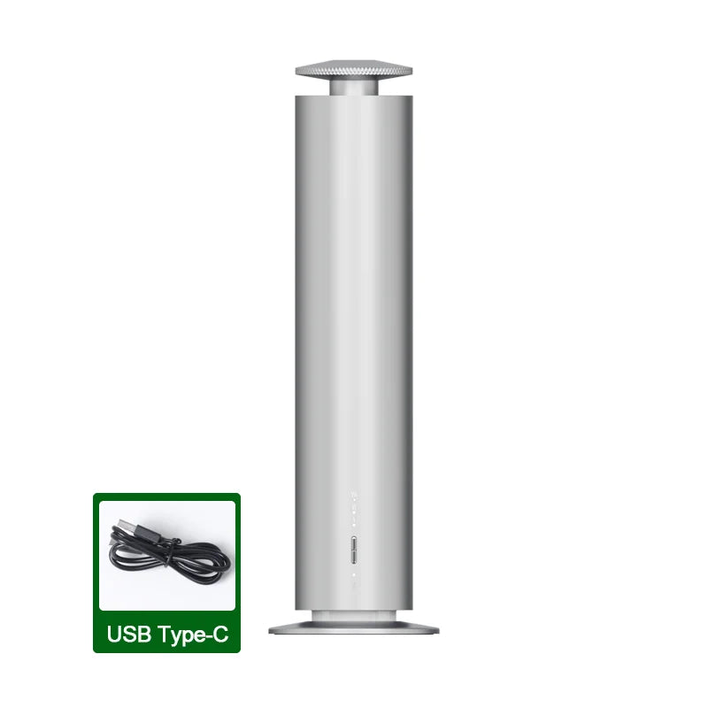 Sleek, cylindrical silver aroma diffuser with a minimalist design, includes a USB Type-C charging cable.