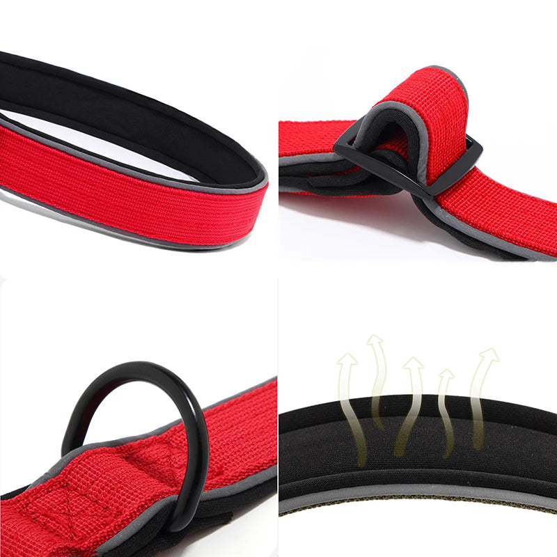 Red heavy-duty nylon dog collar with black D-ring, adjustable buckle, and breathable padded lining.