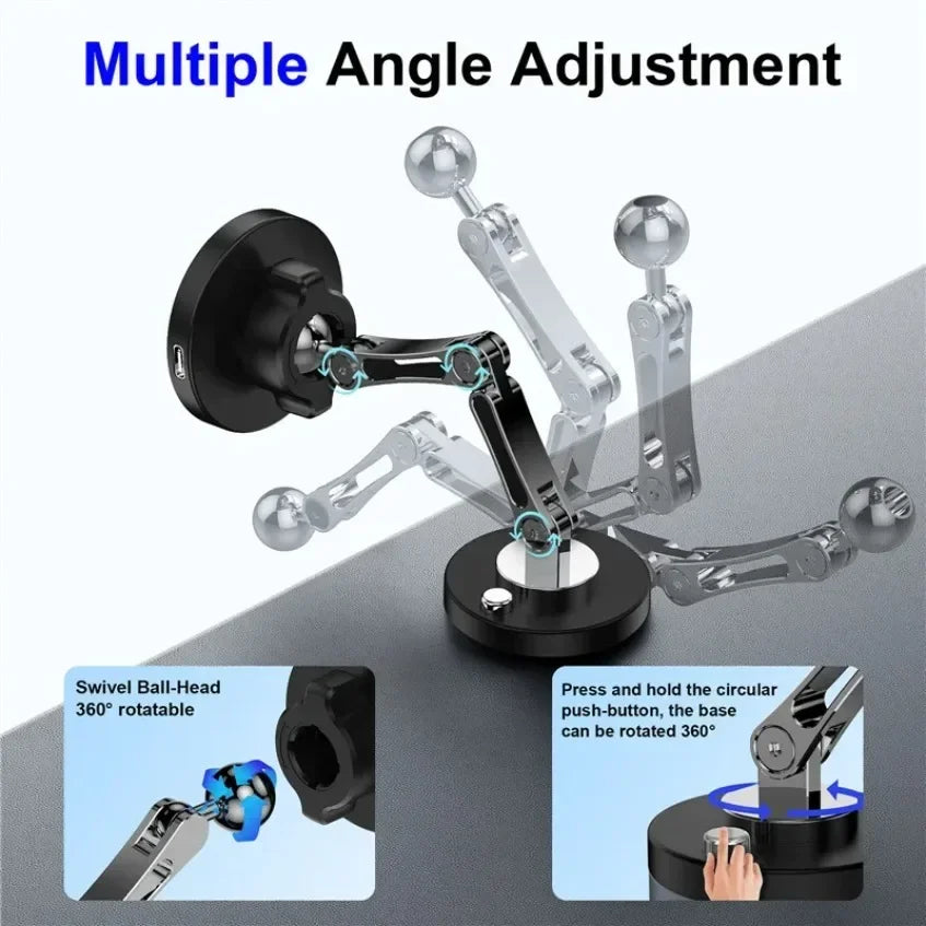 Adjustable black and silver metal phone mount with a 360-degree rotating base and swivel ball-head.
