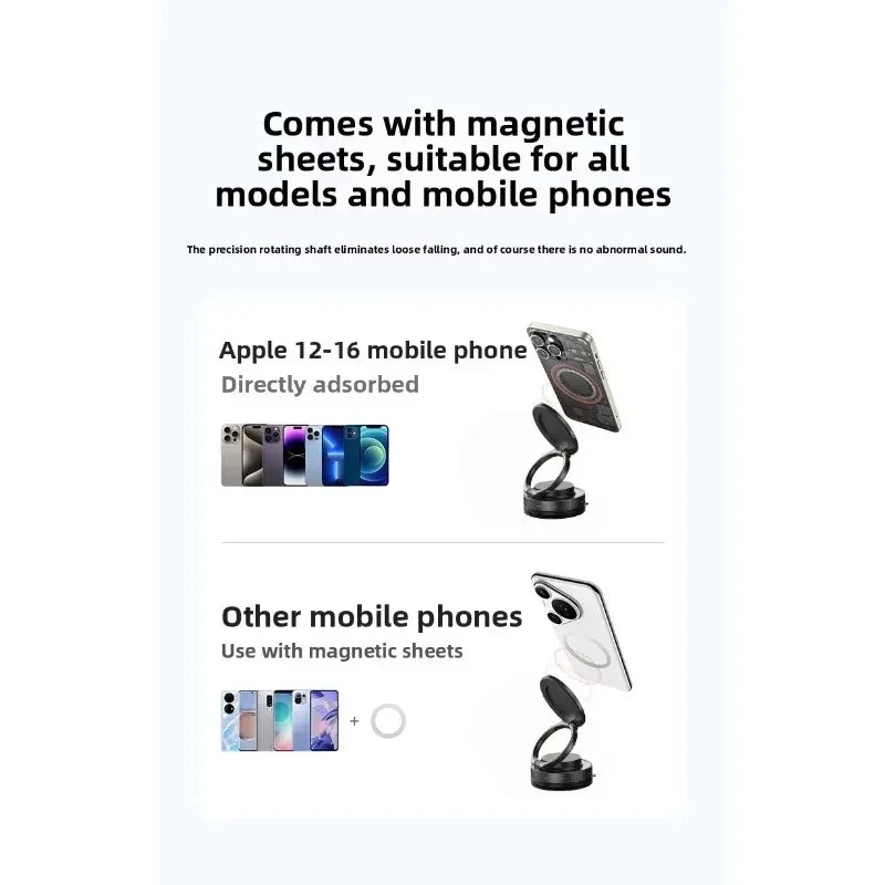 Black magnetic phone ring stand with a rotating hinge, shown with compatible smartphones and adhesive magnetic rings.