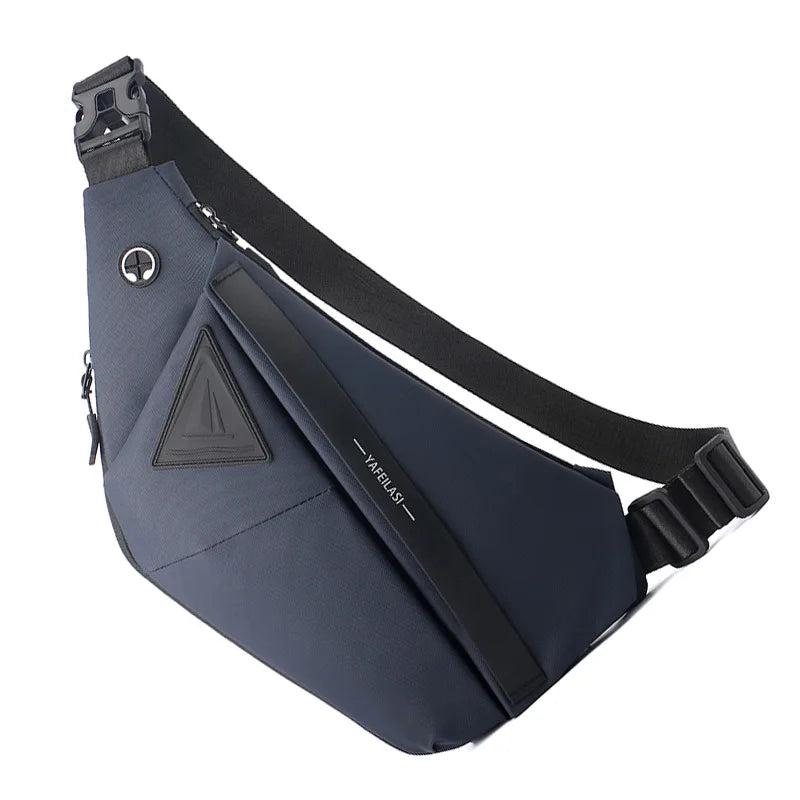 Navy blue men's slimline anti-theft crossbody sling bag with a secure buckle strap and headphone port.