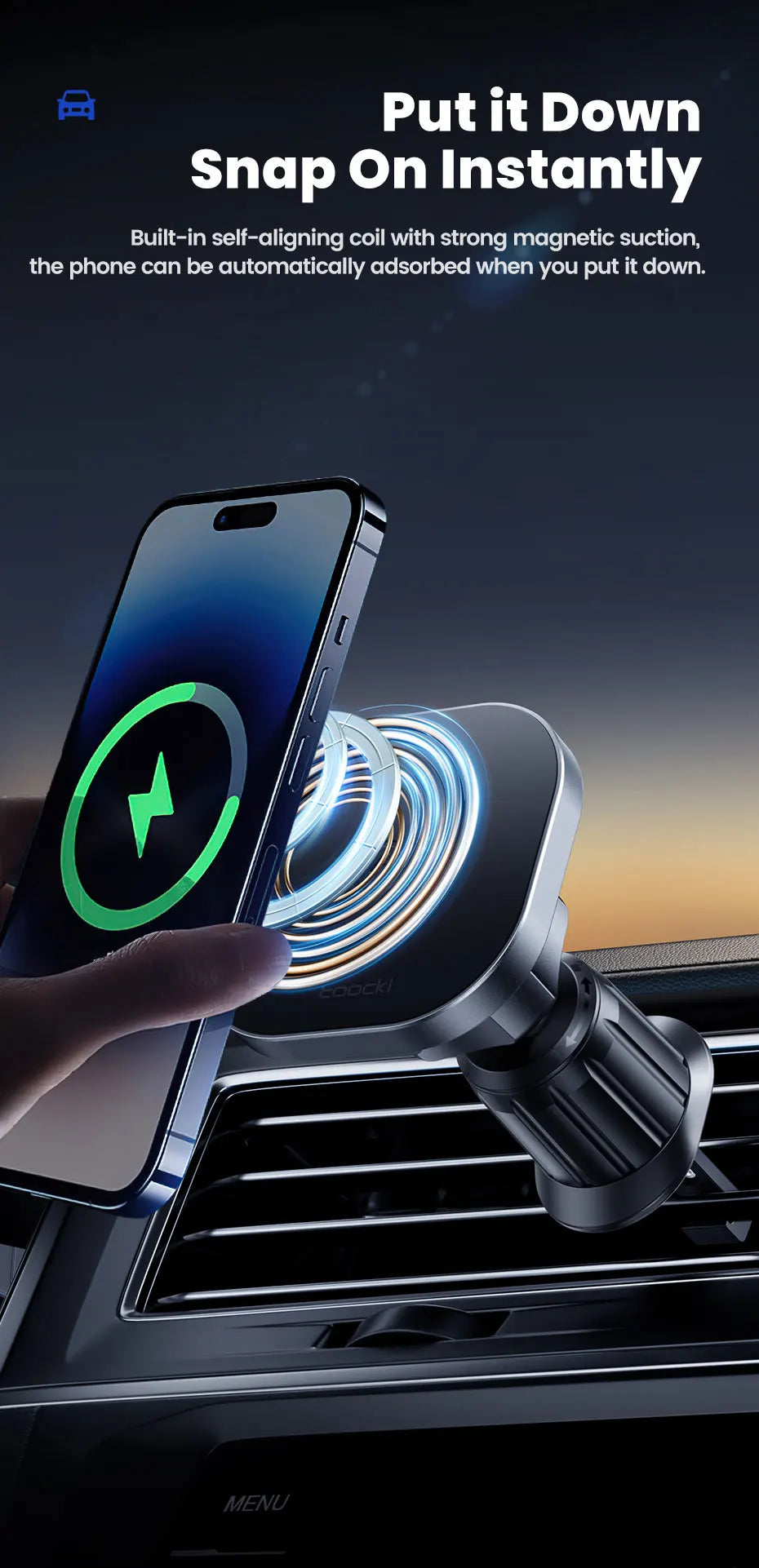 A black, square magnetic car phone mount attaches to a vehicle air vent, holding a smartphone with a glowing ring icon.