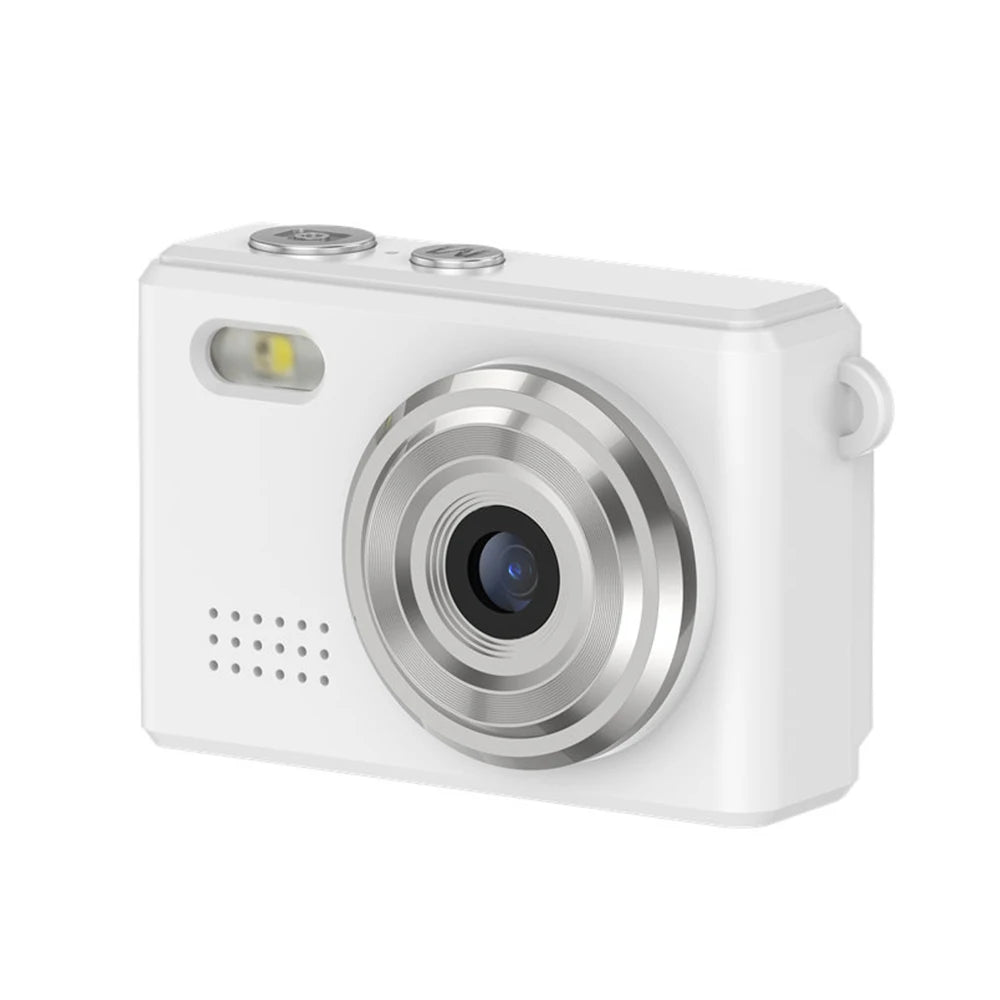 White digital camera with a metallic lens, built-in flash, speaker grill, and top-mounted function buttons.