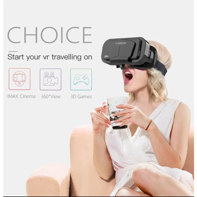 A woman wearing a black smartphone VR headset for immersive gaming, 360-degree viewing, and cinema-style experiences.
